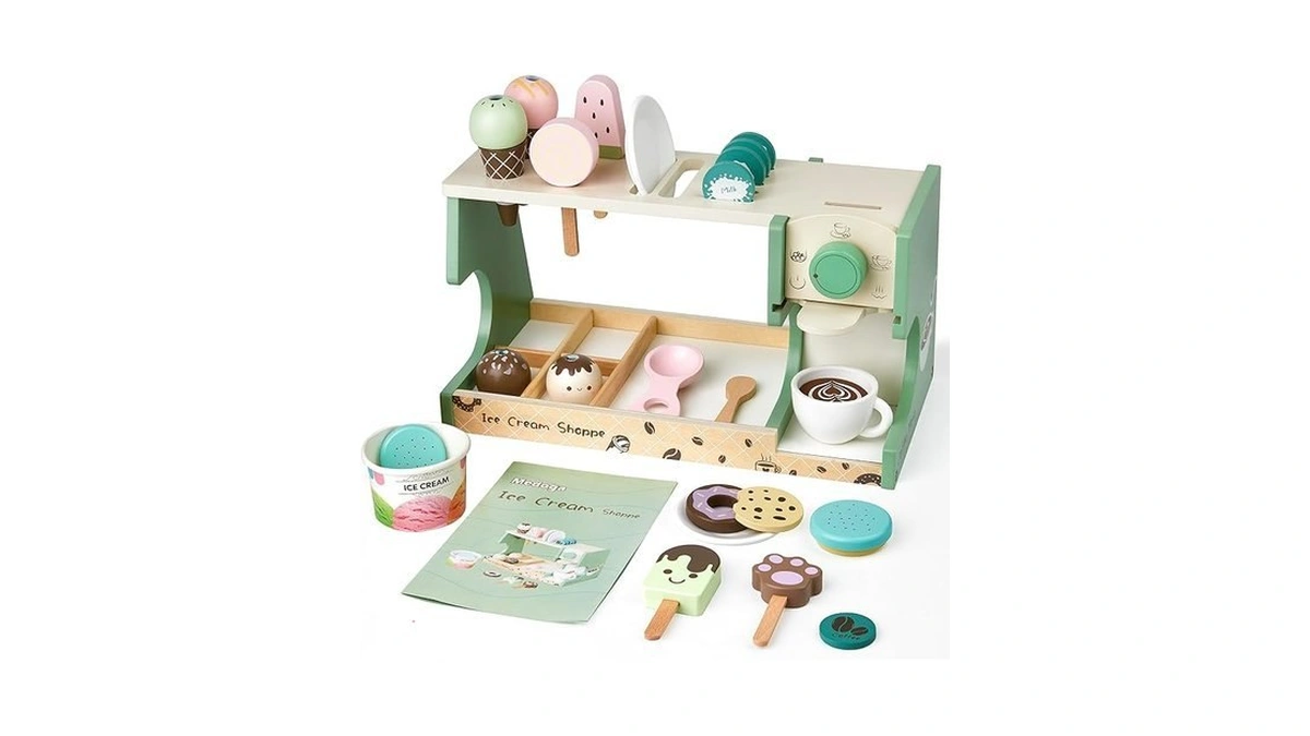 Wooden Ice Cream Toy, 3-in-1 Ice Cream Counter With Coffee