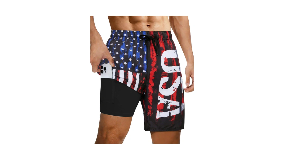 Cozople Mens Swim Trunks With Compression Liner 4th Of July