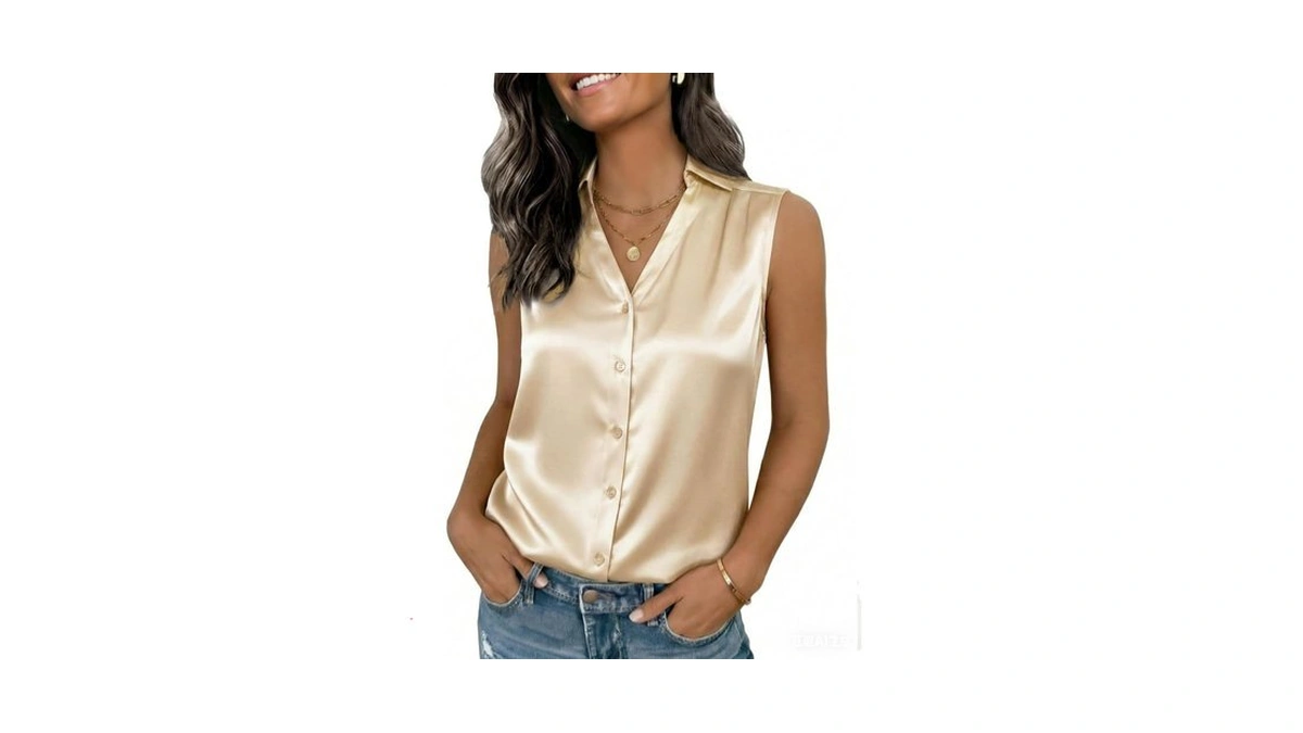 Funlingo Satin Shirts For Women Silk Sleeveless Button Down Blouse