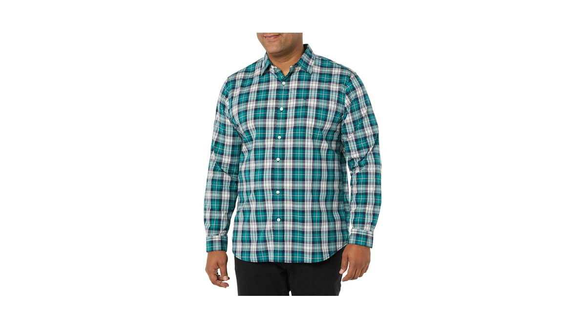 Amazon Essentials Men's Long-sleeve Slim-fit Stretch Poplin Shirt Shirt, Teal/white,