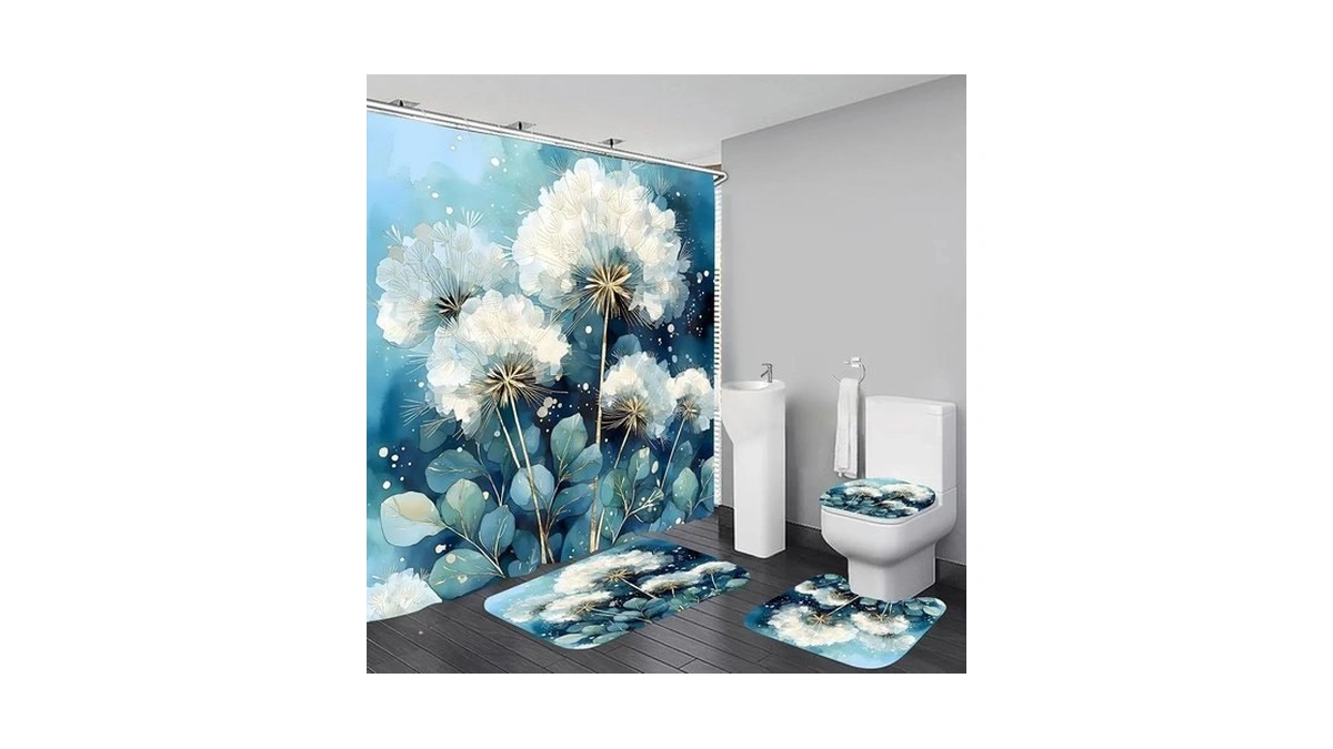 Azhm 4pcs Blue Dandelion Shower Curtain Sets With Rugs Flower