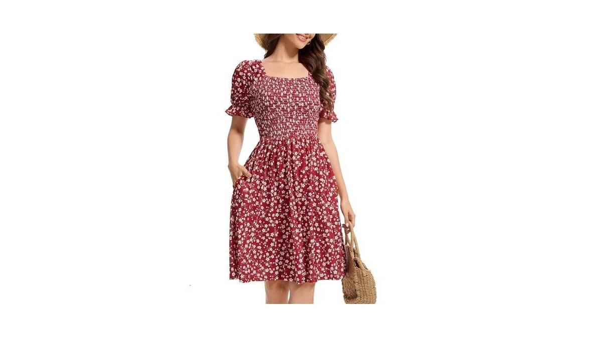Cvcpp Womens Summer Dress- Floral Print Square Neck Puff Sleeve