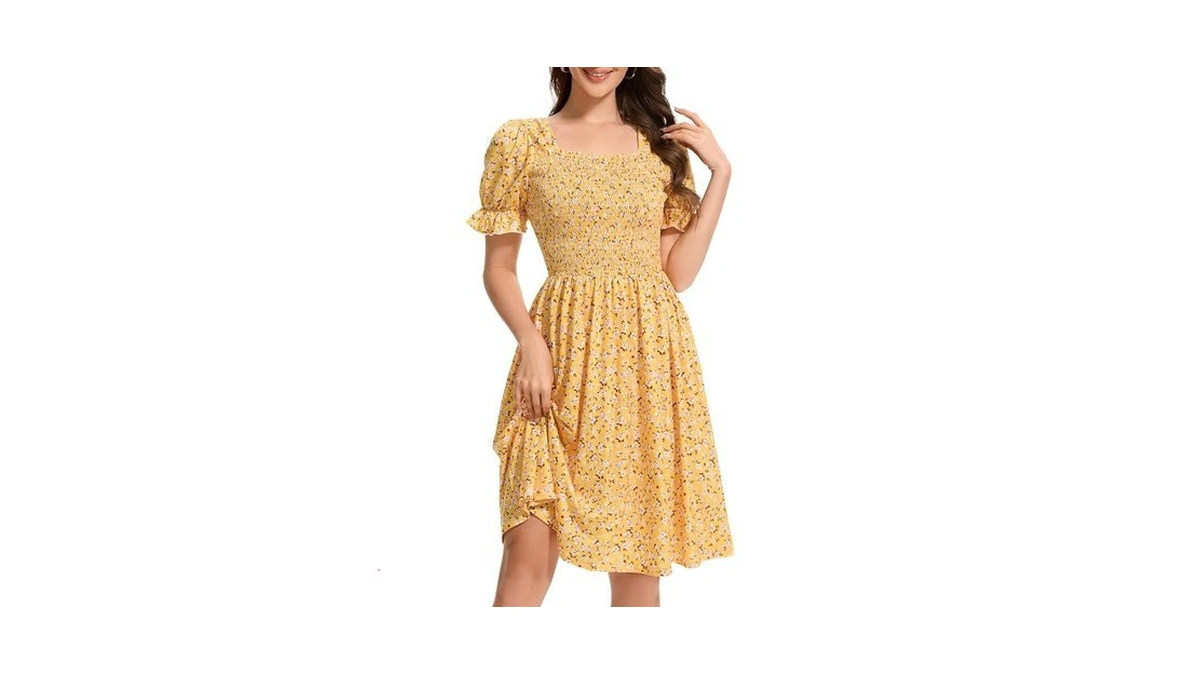Cvcpp Womens Summer Dress- Floral Print Square Neck Puff Sleeve