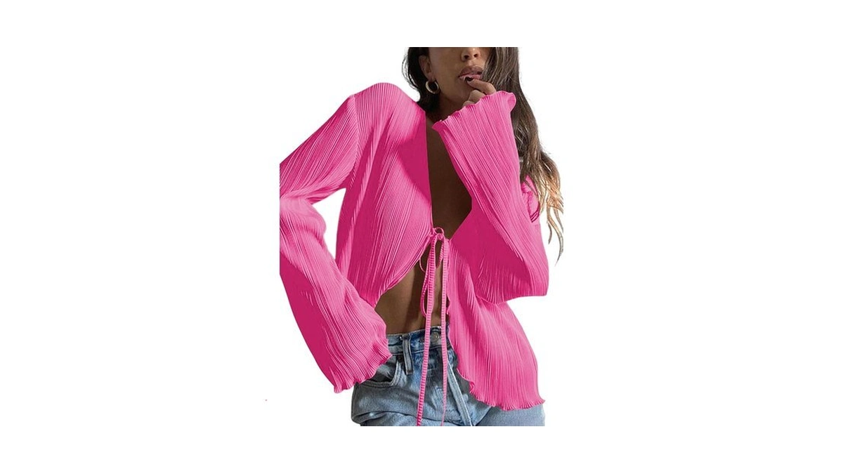 Zaful Women's Plisse Bell Long Sleeve Tie Front Top Pleated