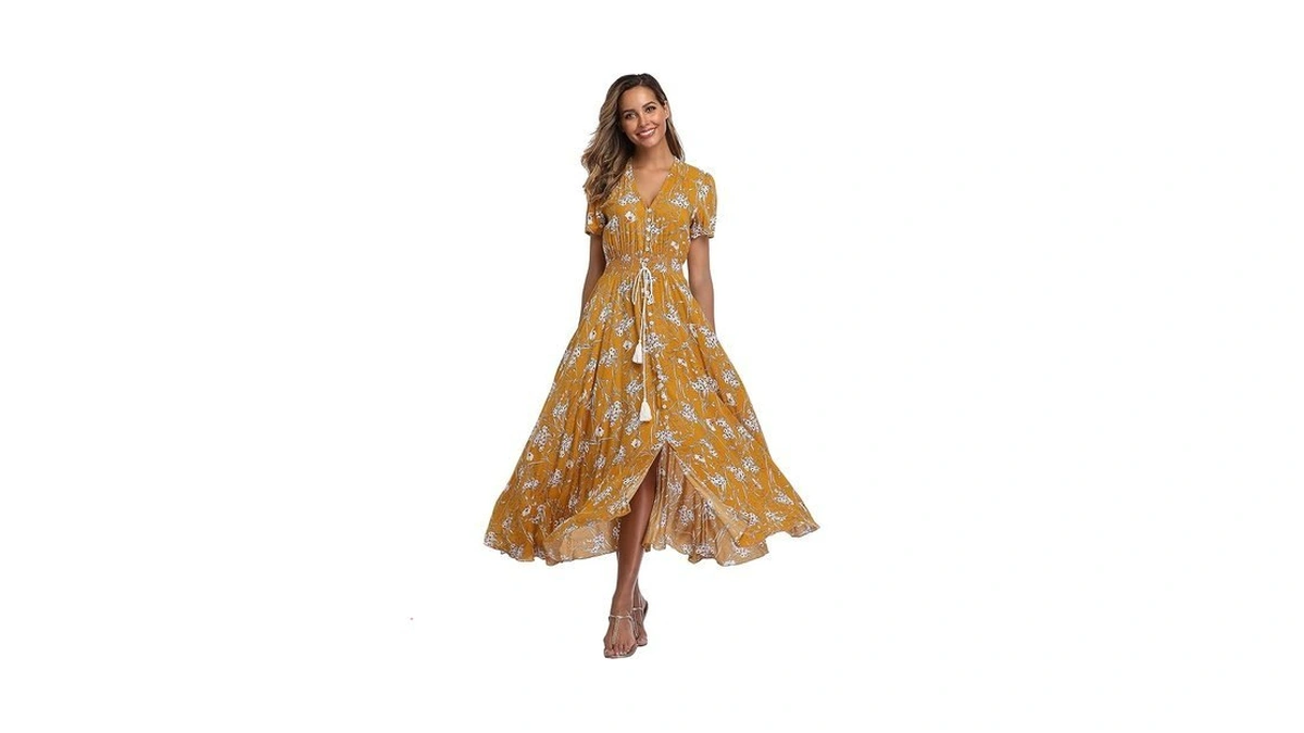 Vintageclothing Women's Floral Maxi Dresses Boho Button Up Split Summer