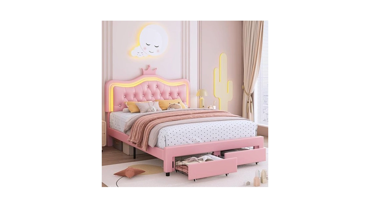 Keyluv Queen Upholstered Led Bed Frame With Storage Drawer, Leather