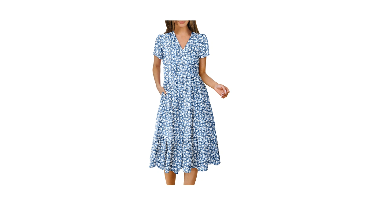 Anrabess Women's Summer Casual Midi Dresses Short Sleeve V Neck