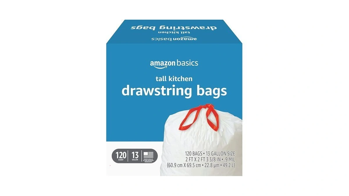 Amazon Basics Tall Kitchen Drawstring Trash Bags, Sturdy And Tear
