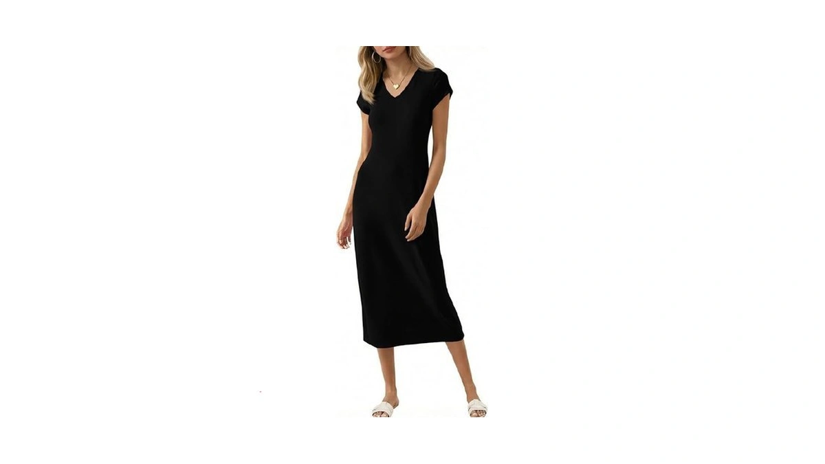 Wenrine Womens Short Sleeve T-shirt Dress Summer V Neck Basic