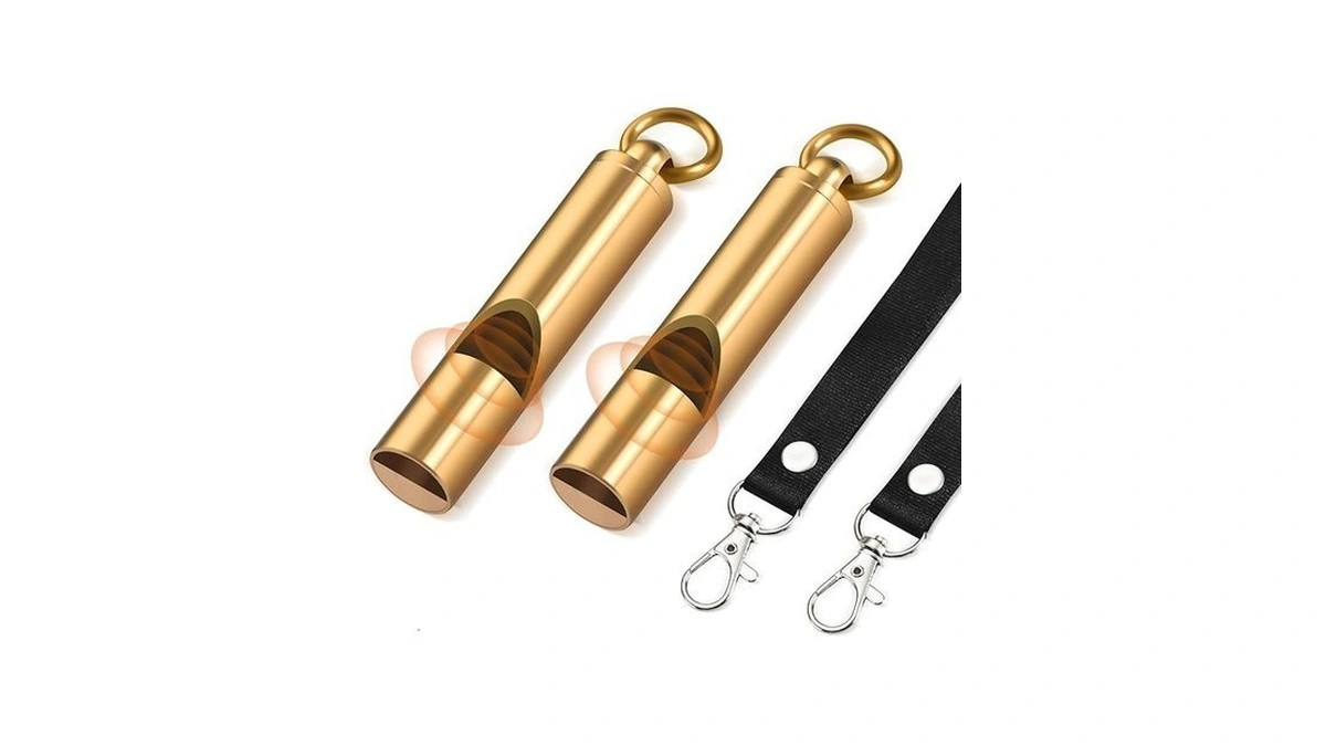 Upeckaroo Brass Emergency Whistles 2 Pack With Tangle-free Lanyard -