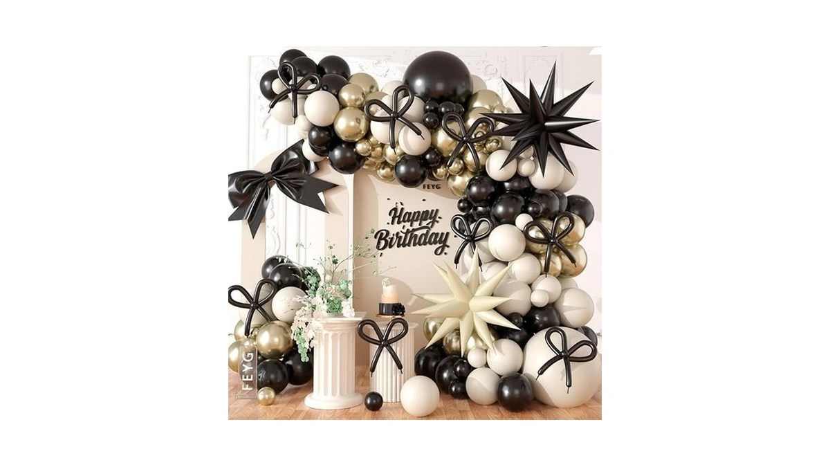 Black And White Balloon Arch Kit, Black Sand White Bow