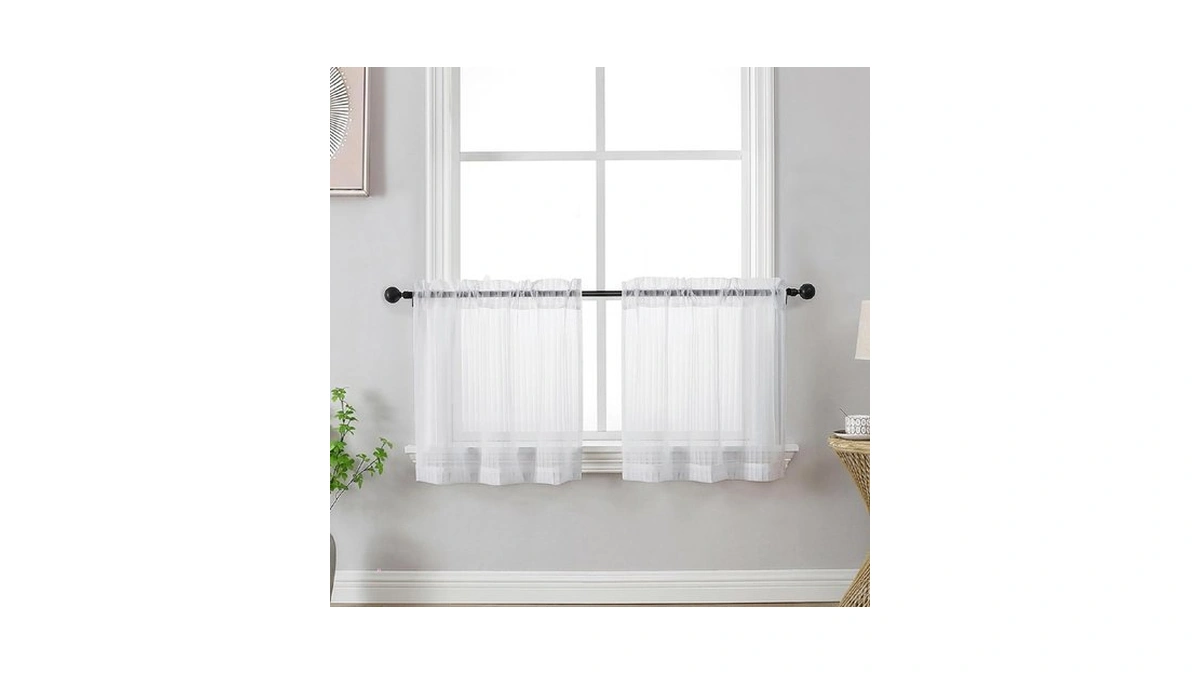 Owenie White Striped Cafe Curtains - 24 Inch Length Kitchen