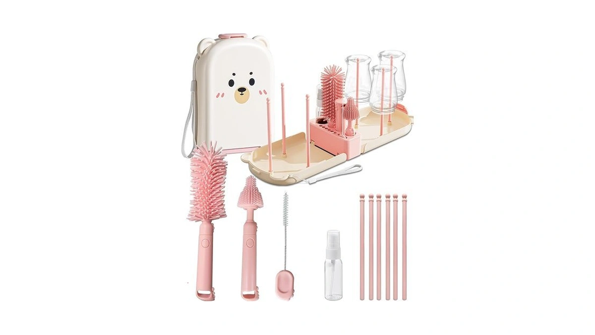Pink Travel Baby Bottle Cleaner Kit – 6-in-1 Portable Brush