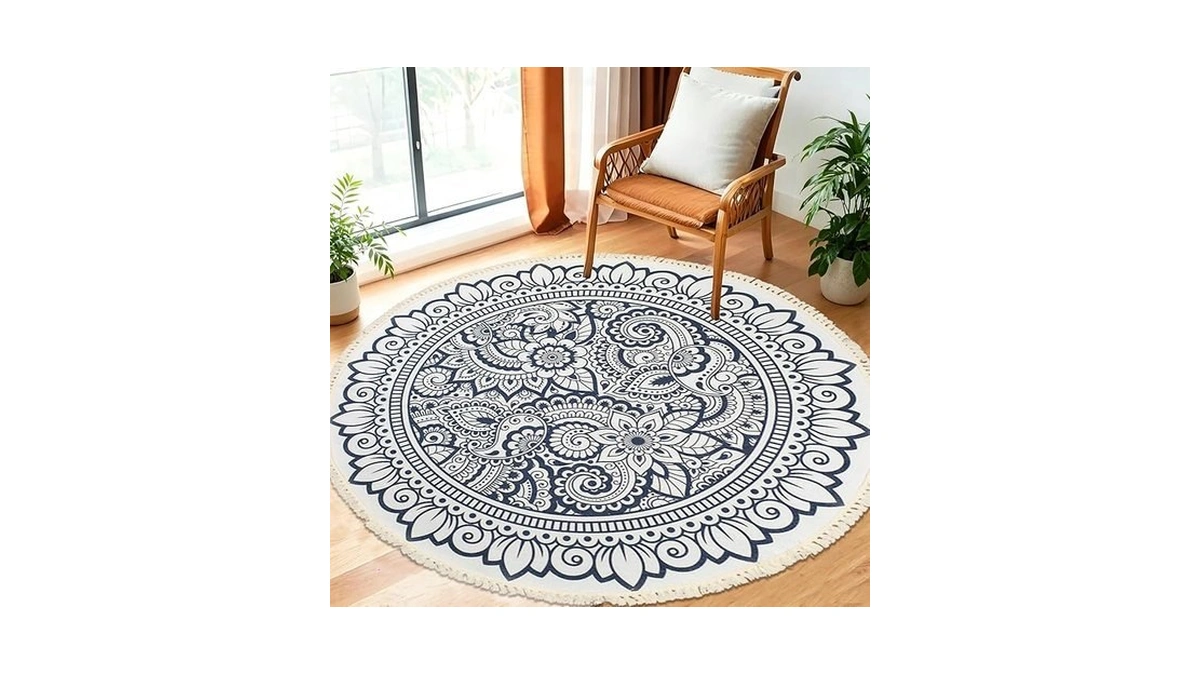 Lacomfy Round Boho Rug 4ft Circle Paisley Floral Carpet For