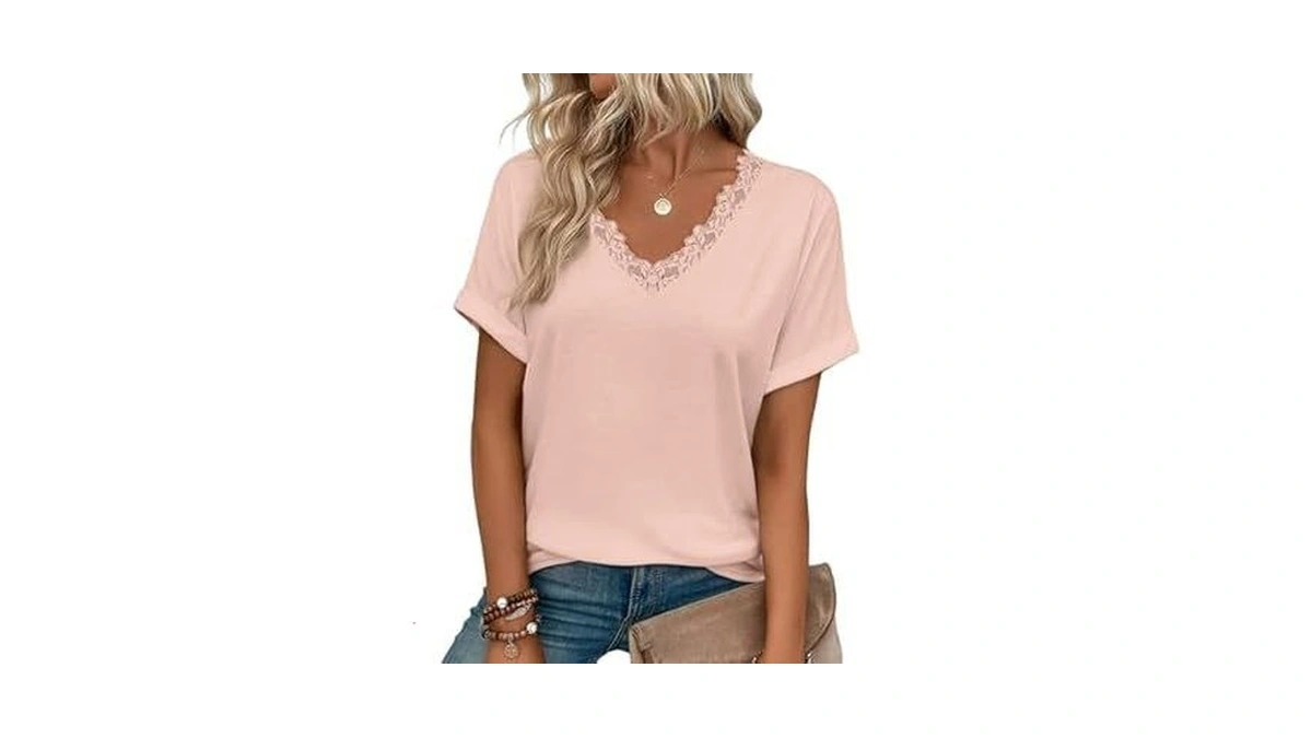 Justfashionnow Womens Summer Tops Short Rolled Sleeve V Neck Tshirts