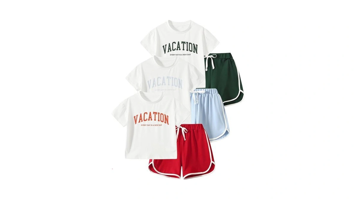 Fdqin Girls 2-piece Outfit Summer Letter Print Vacation Tee Top