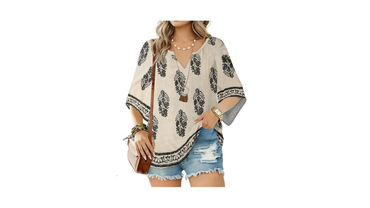 Gunest Womens 3/4 Sleeve V Neck Bohemian Peasant Blouses Boho