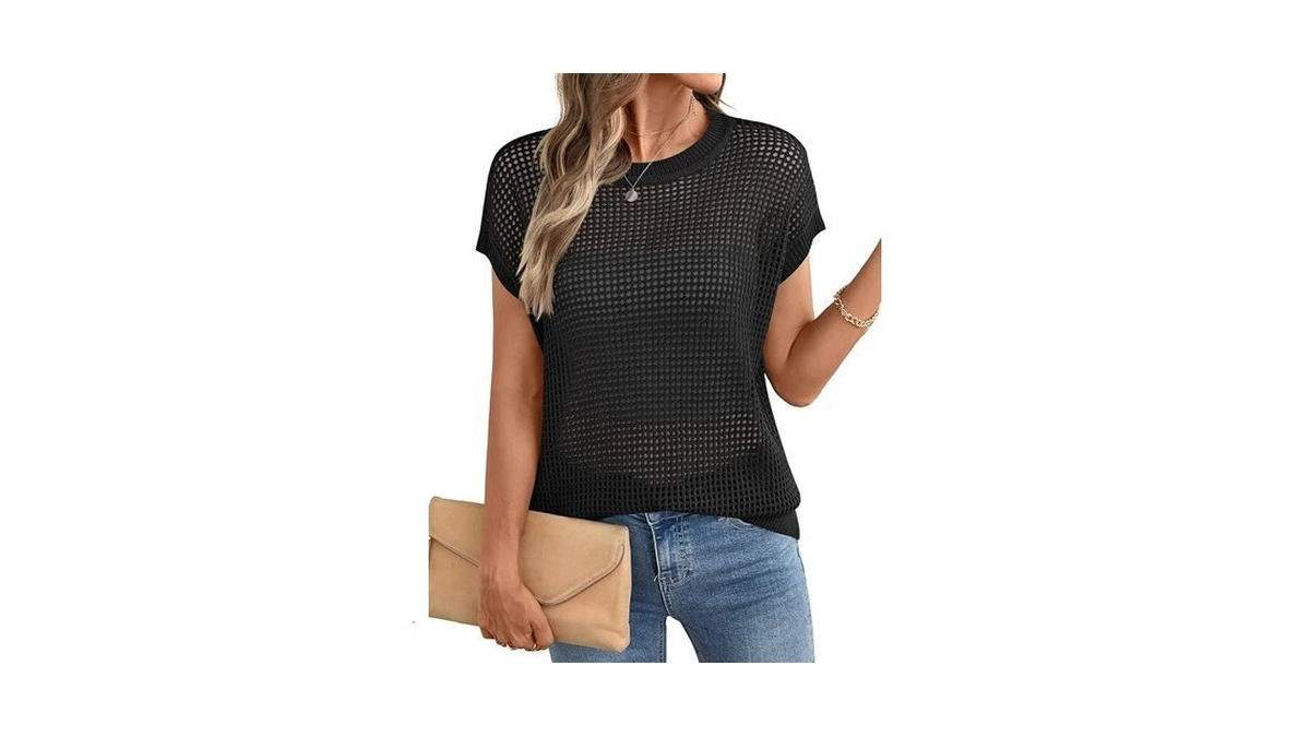 Ivicoer Womens Summer Top Short Sleeve Crochet Hollow Out Sweaters