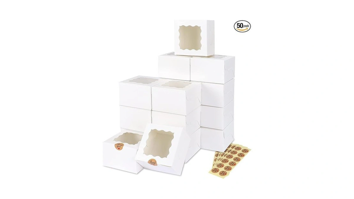 Moretoes 50pcs White Cookie Boxes With Window, 4x4x2.5 Inches Bakery