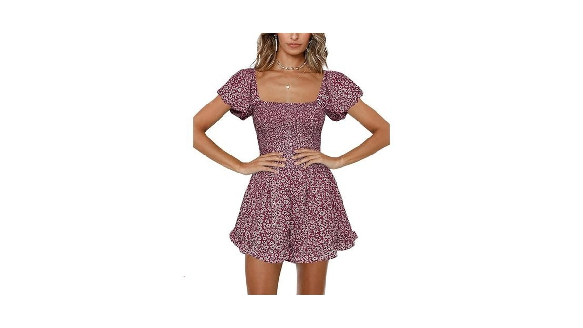 Jeanewpole1 Womens Floral Wide Leg Short Rompers Shirred Ruffle Sleeve