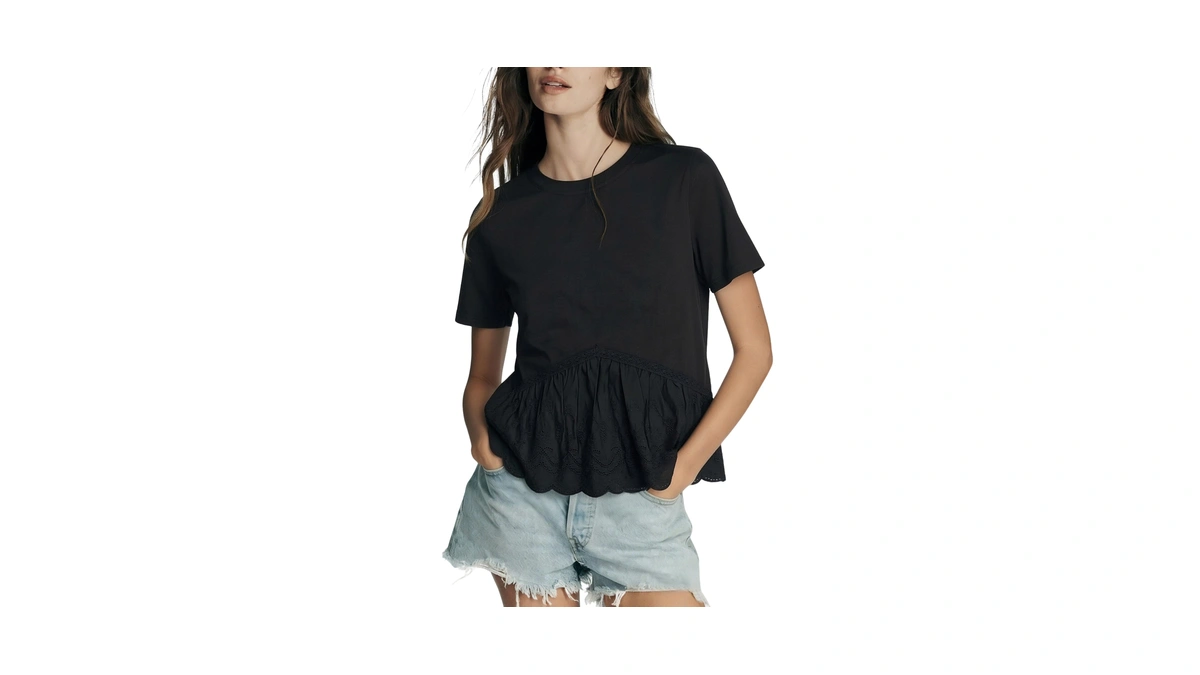 Women's Cropped Babydoll Tops Casual Embroidered Shirts Lace Panel Crewneck