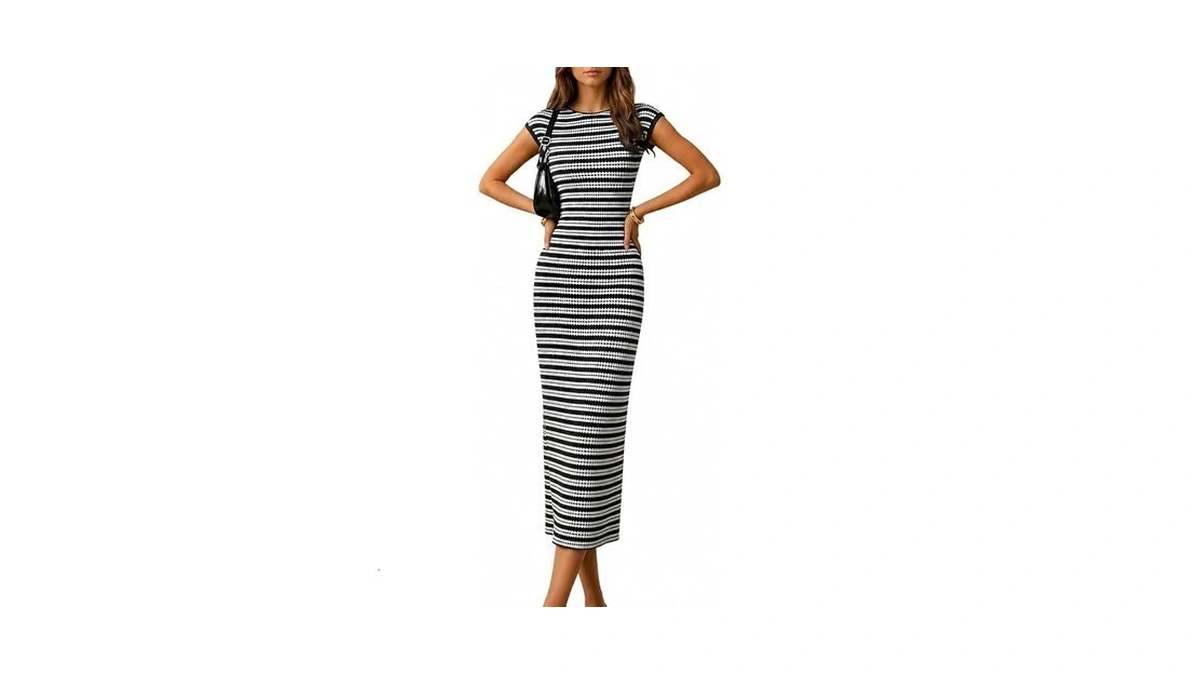 Itnpbwus Women's Striped Midi Dress Casual Bodycon Knit Dress Crew