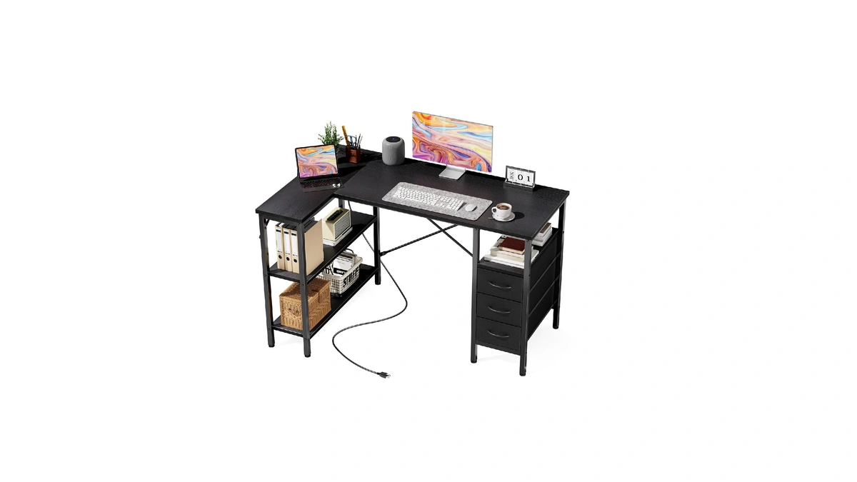 Dumos L Shaped Desk With Shelf Drawers 47 Inch, Black