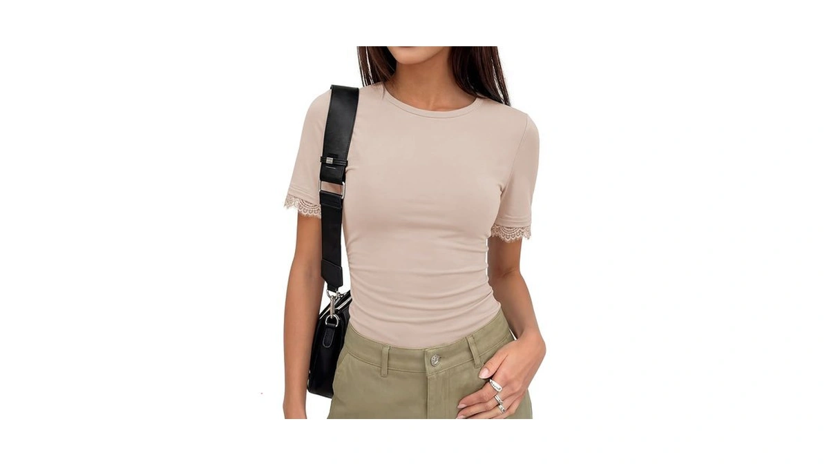 Zesica Women's Lace Short Sleeve Fitted Tops 2026 Summer Crewneck
