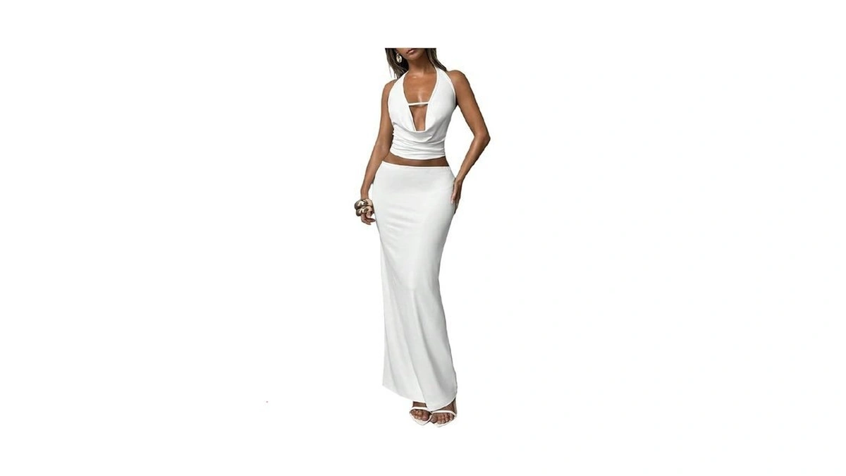 Oyoangle Women's 2 Piece Skirt Set Cowl Neck Sleeveless Halter