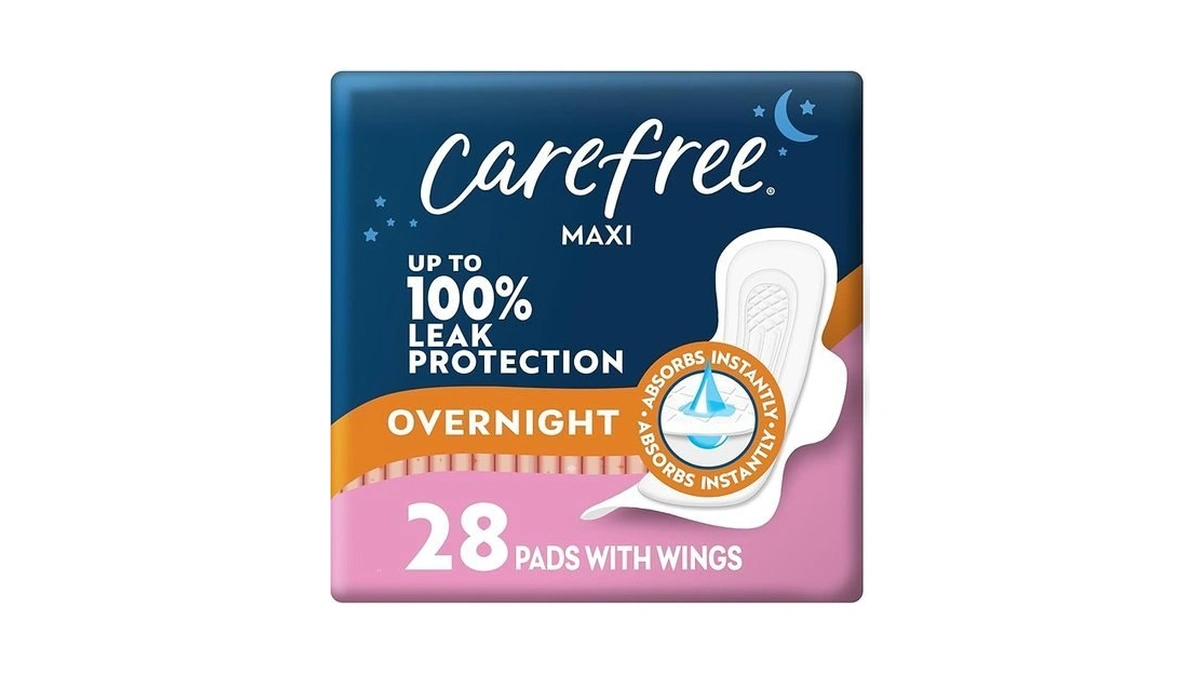Carefree Maxi Pads For Women, Overnight Pads With Wings, 28ct
