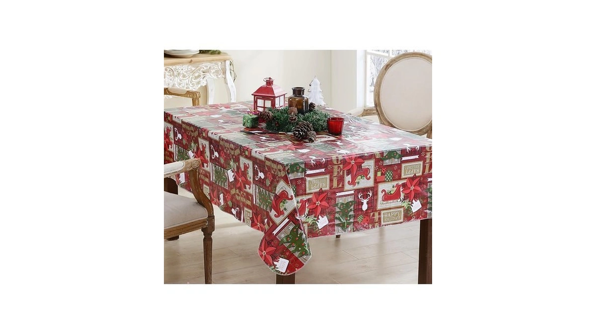 Newbridge Red Sleigh Bells Ring Vinyl Christmas Tablecloth With Flannel