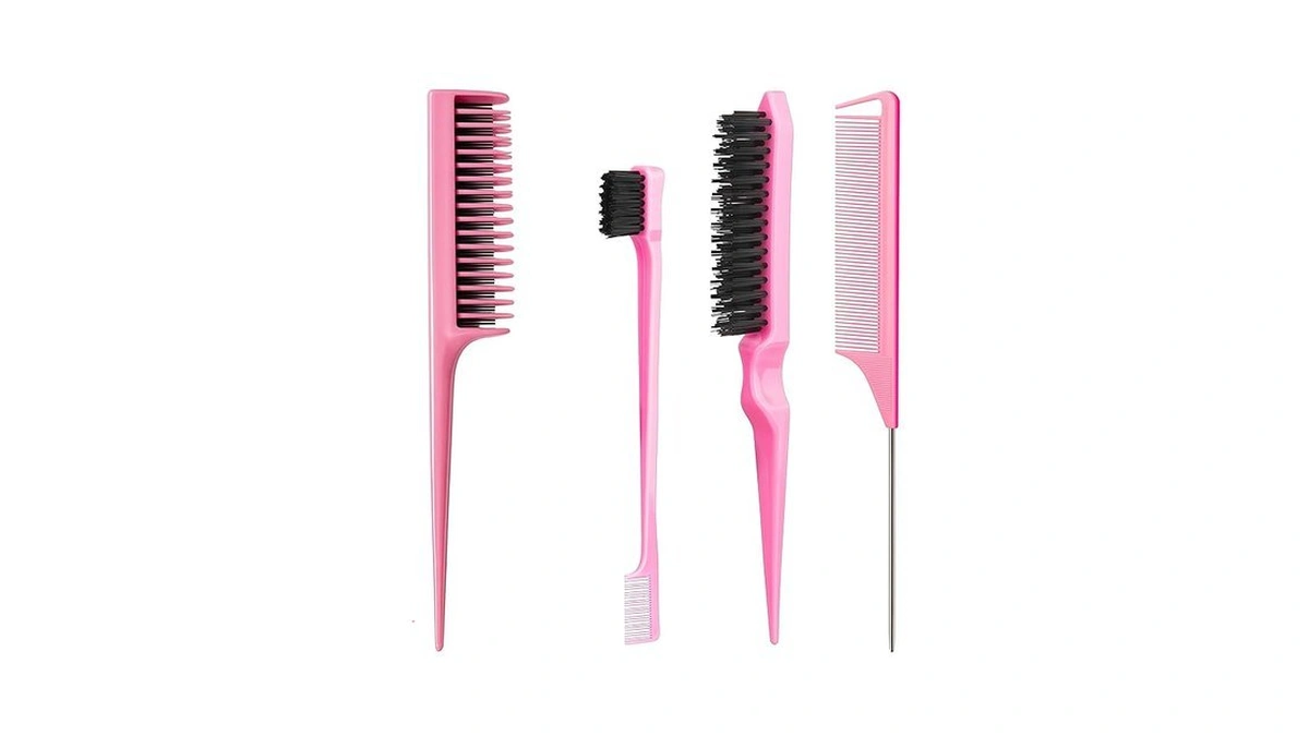 Aigee Hair Brush Set, Pink, 4 Piece, Three-row Teasing Comb,