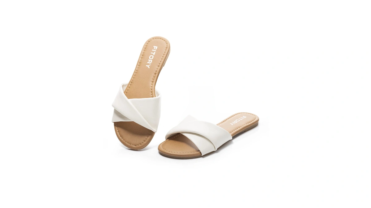 Fitory Women's Flat Sandals Fashion Slides With Soft Leather Slippers
