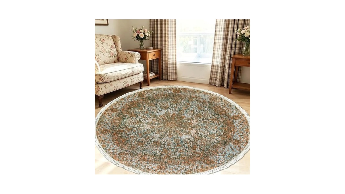 Lacomfy Round Rug 5ft Boho Floral Farmhouse Bedroom Carpet, Circle