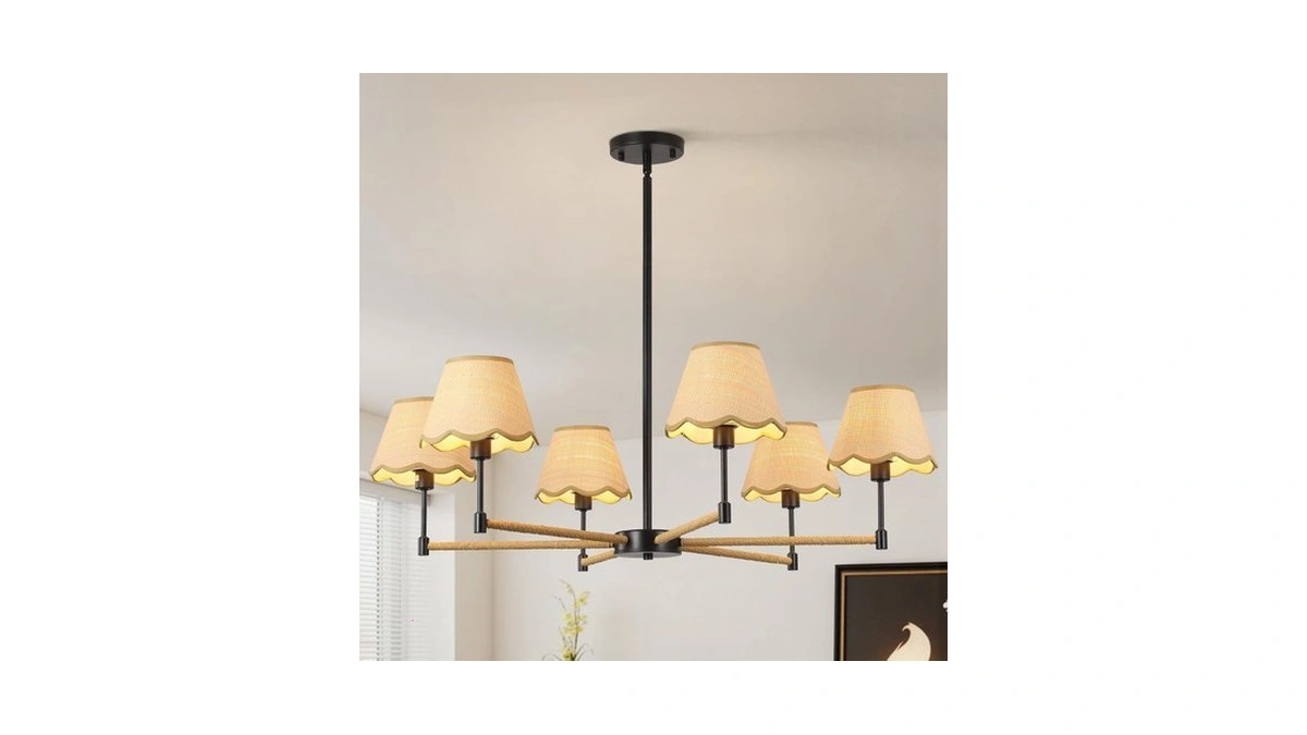 Boho Rattan Farmhouse Chandelier 6-li...
