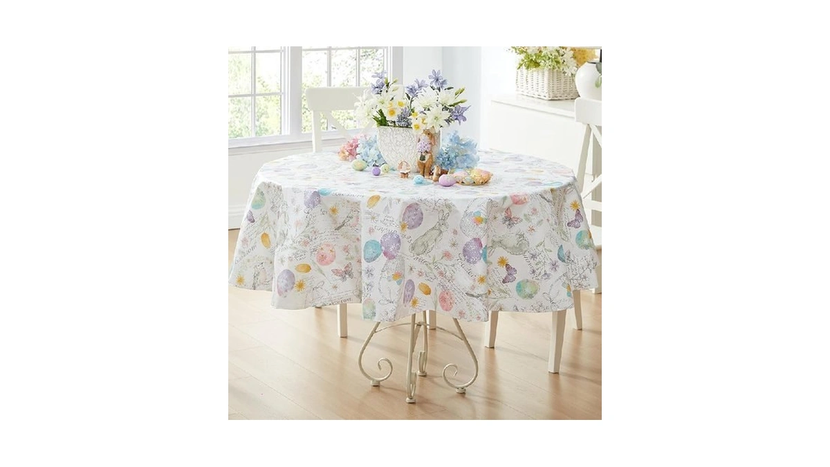 Newbridge Vinyl Round Tablecloth With Flannel Backing, 70 Inch, Bunny