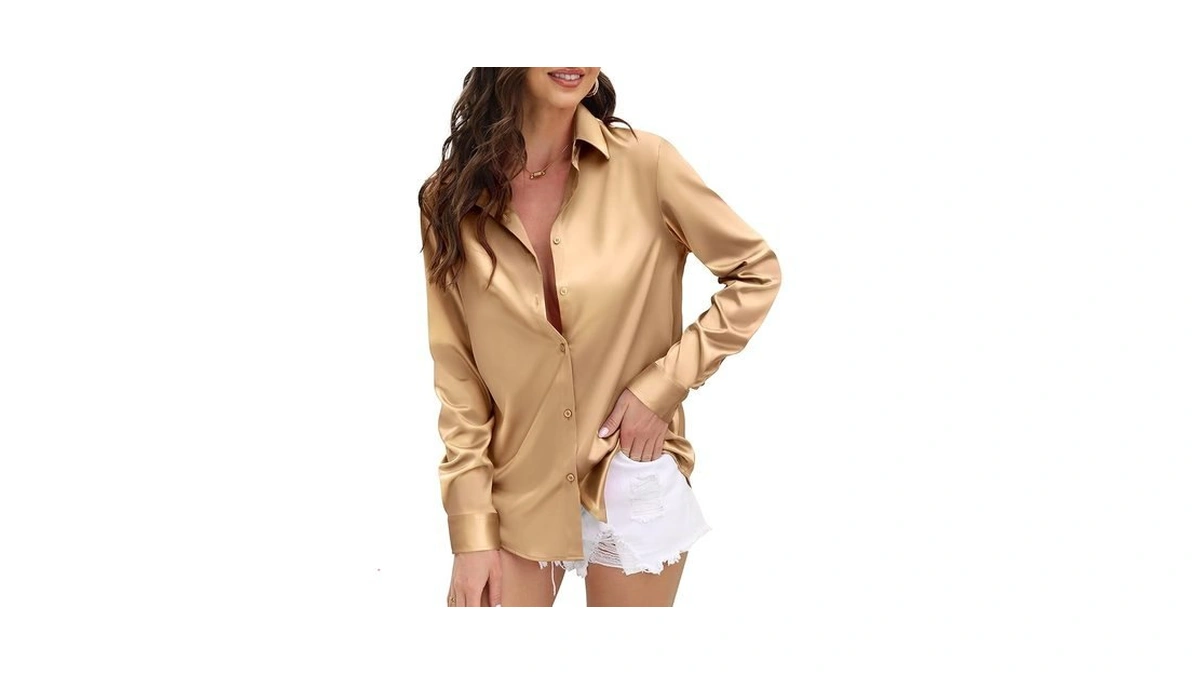 Womens Soft Satin Silk Button Down Shirts For Women Silky