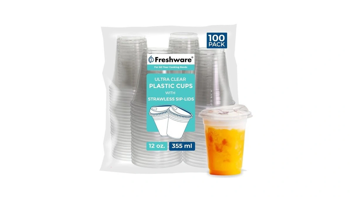 Freshware Clear Plastic Cups With Strawless Sip Lids [100 Cups