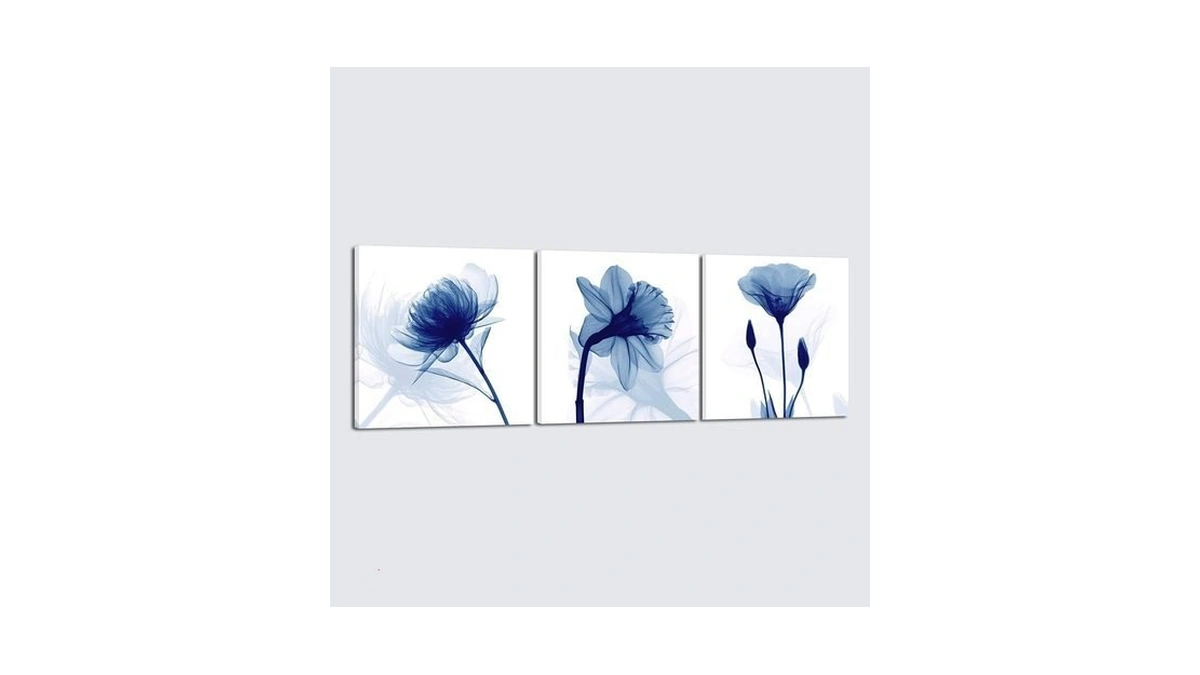 Wieco Art Blue Flowers 3 Panels Canvas Print Wall Art