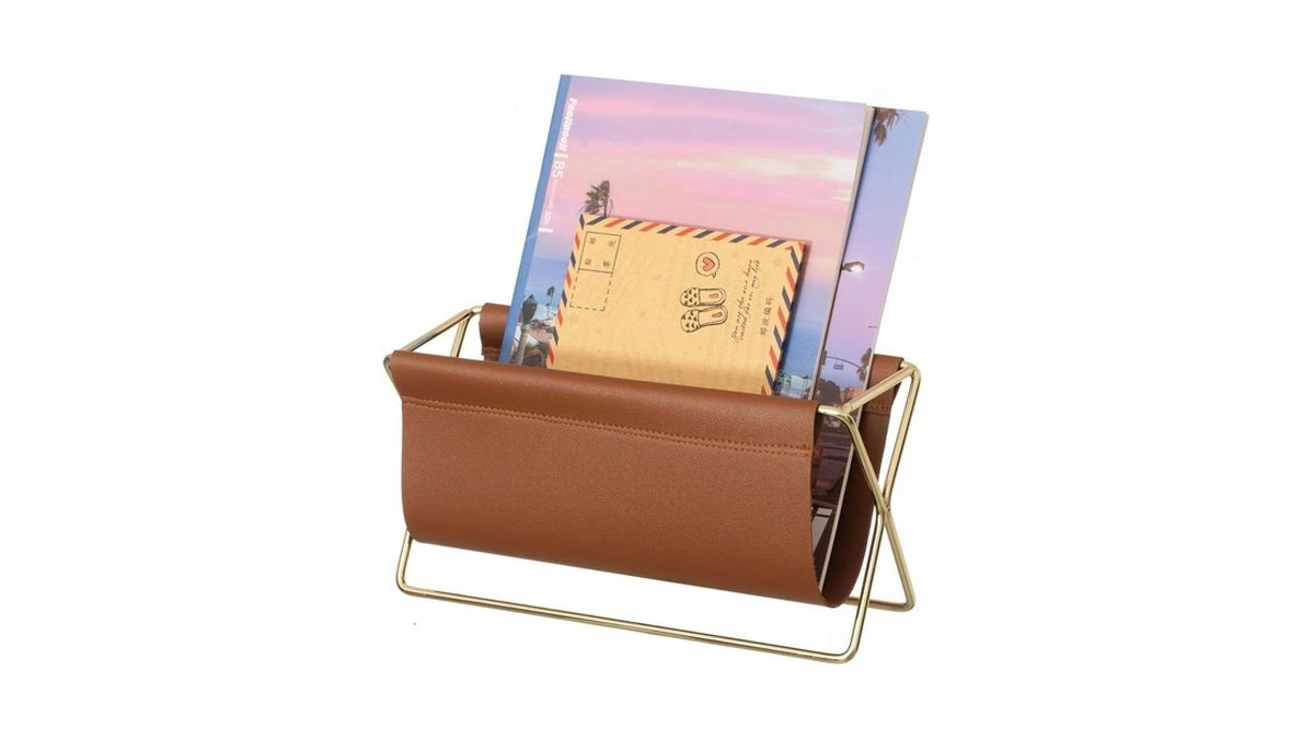 Fabulaxe Contemporary & Classic Gold-tone Metal Magazine Holder Spacious Brown