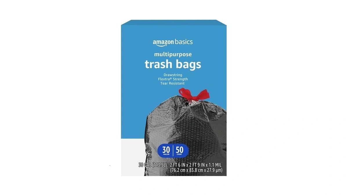 Amazon Basics Flextra Multipurpose Drawstring Trash Bags, 30 Gallon, 50