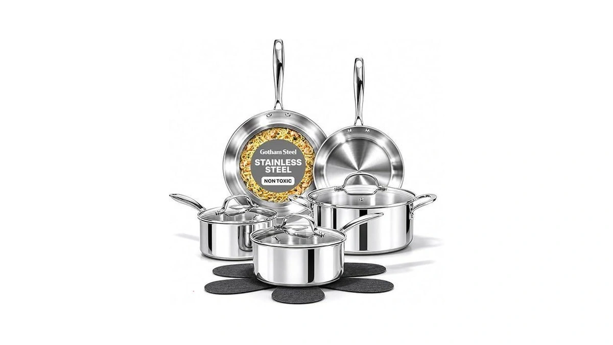 Gotham Steel 10 Pcs Tri Ply Stainless Steel Cookware Set,