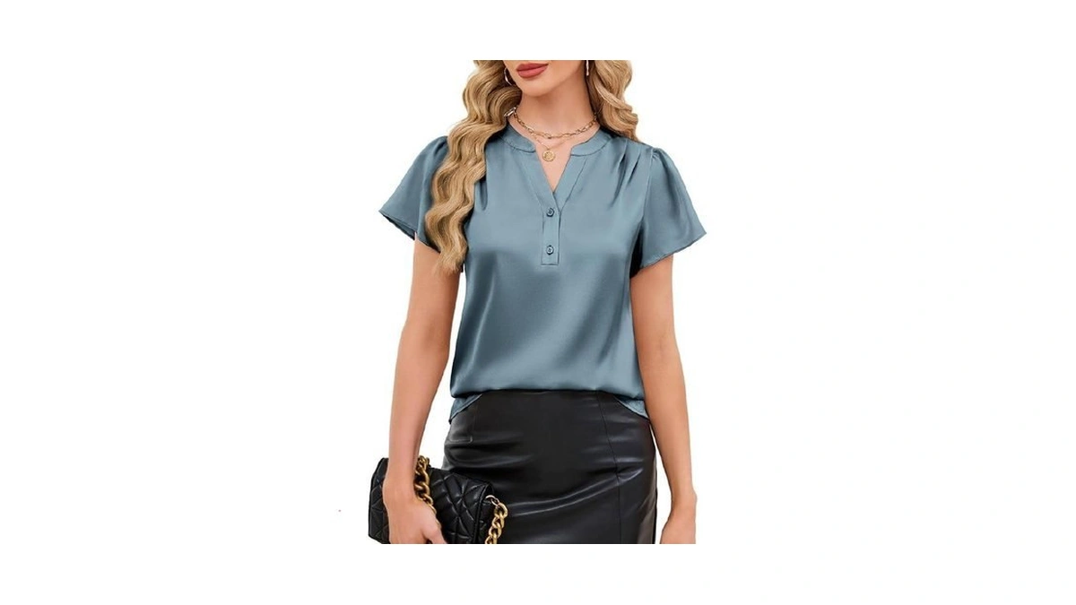 Funlingo Womens Blouses Dressy Casual Flowy Short Sleeve V Neck
