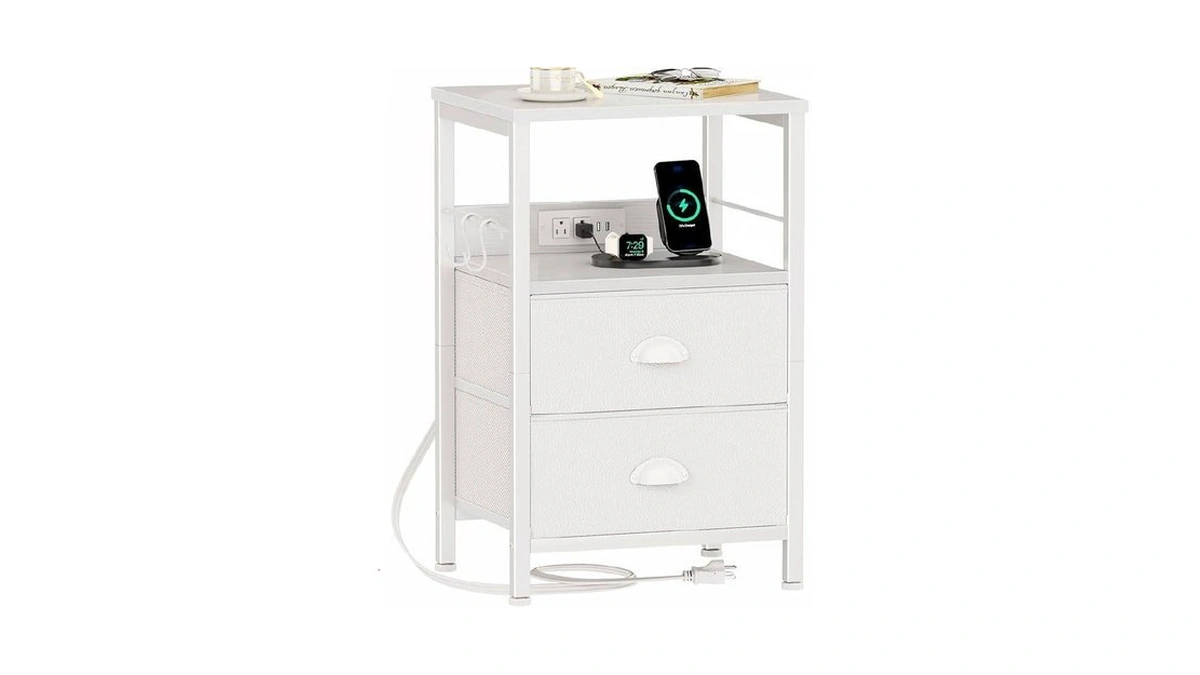 Furologee End Table With Charging Station, Nightstand With Fabric Drawers,