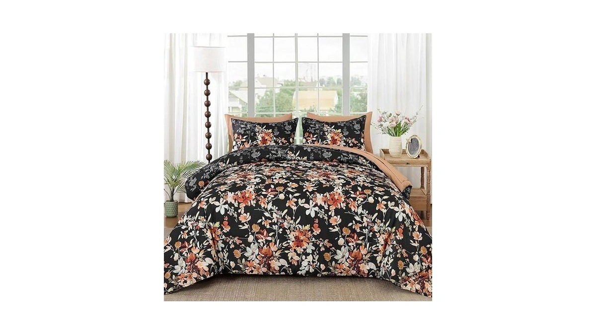 Dobuyly Floral Comforter Set Queen Size, Black And Brown Botanical