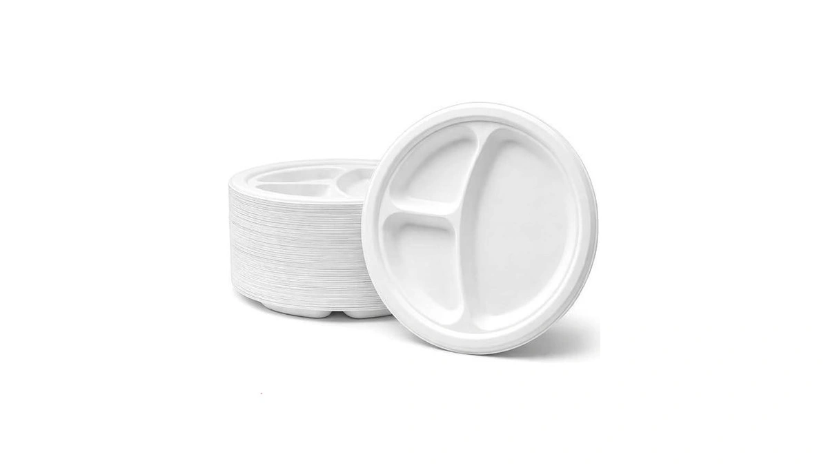 Eco-friendly Sugarcane Round Paper Compartment Plates, 10 Inches, Pack Of