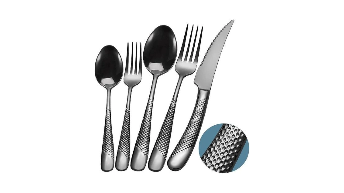 Runfly 20 Piece Hammered Black Silverware Set, 18/10 Stainless Steel
