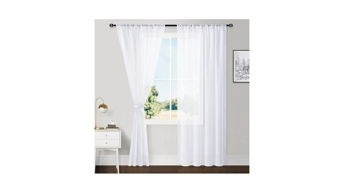 Hiasan White Sheer Curtains For Living Room With Tiebacks, Rod