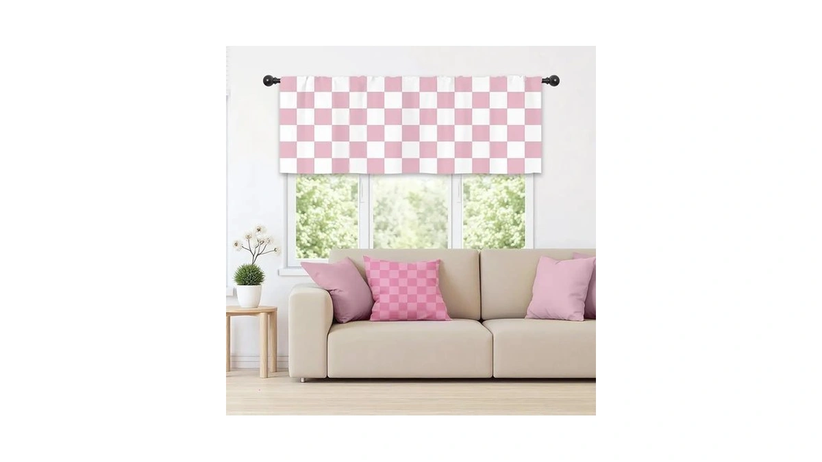 Mitpok Pink White Checkered Valance Curtains For Bedroom 52wx18h Inch