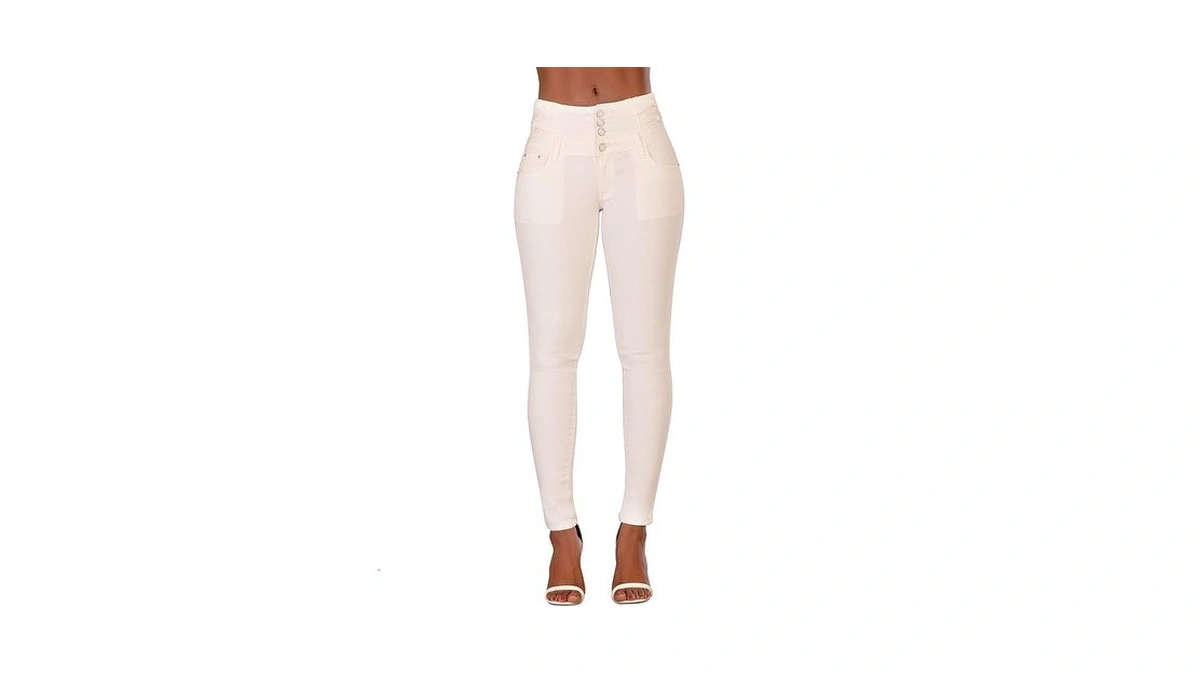 Glook Women's White High Waisted Tummy Control Skinny Fit Jeans